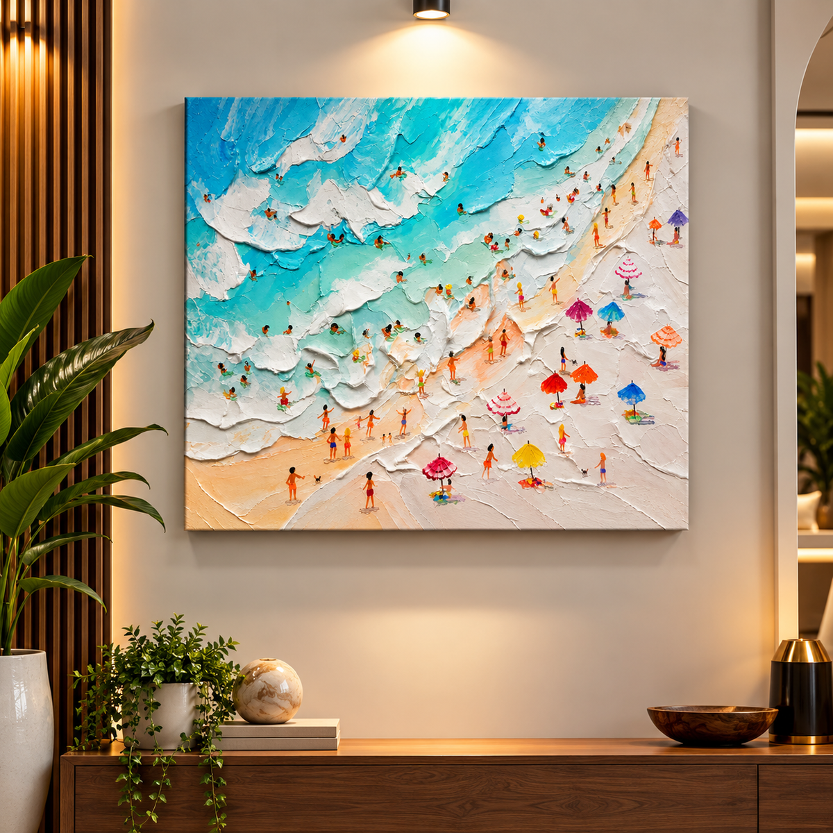 Aerial Beach Waves Canvas Wall Art | Textured Beach Painting