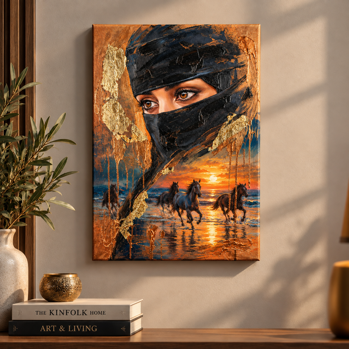 Veiled woman and running horses canvas painting with golden sunset and textured artwork