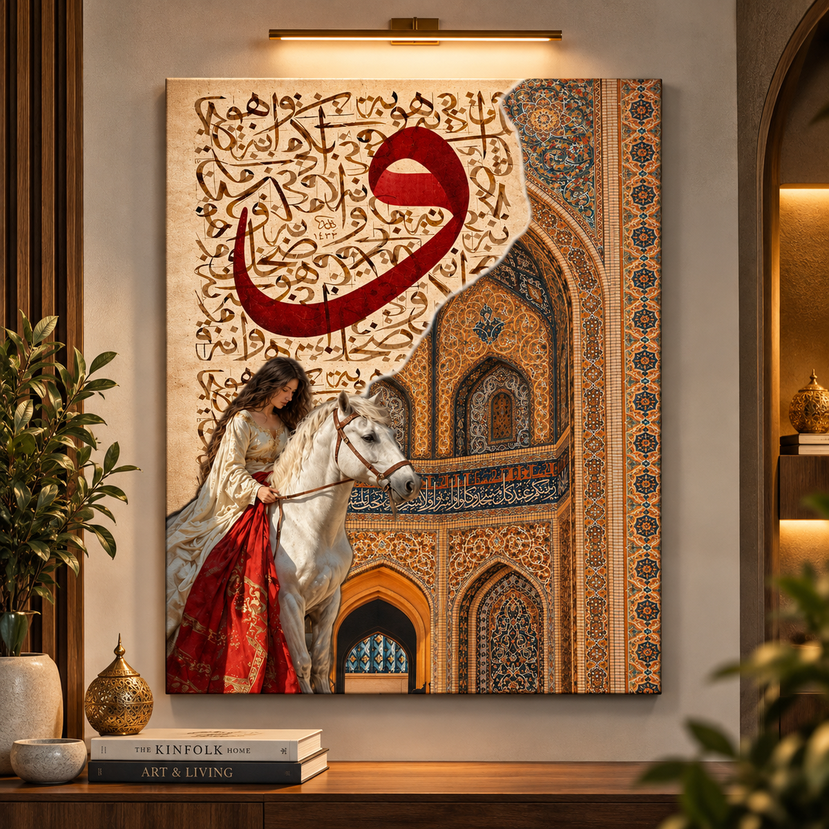 Islamic calligraphy canvas painting with white horse and ornate Persian architecture